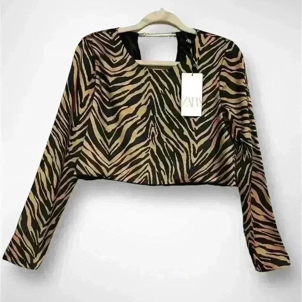 Zara Women's CropTop Blouse Black Brown Animal Print Back Chain Size Small - Picture 3 of 13